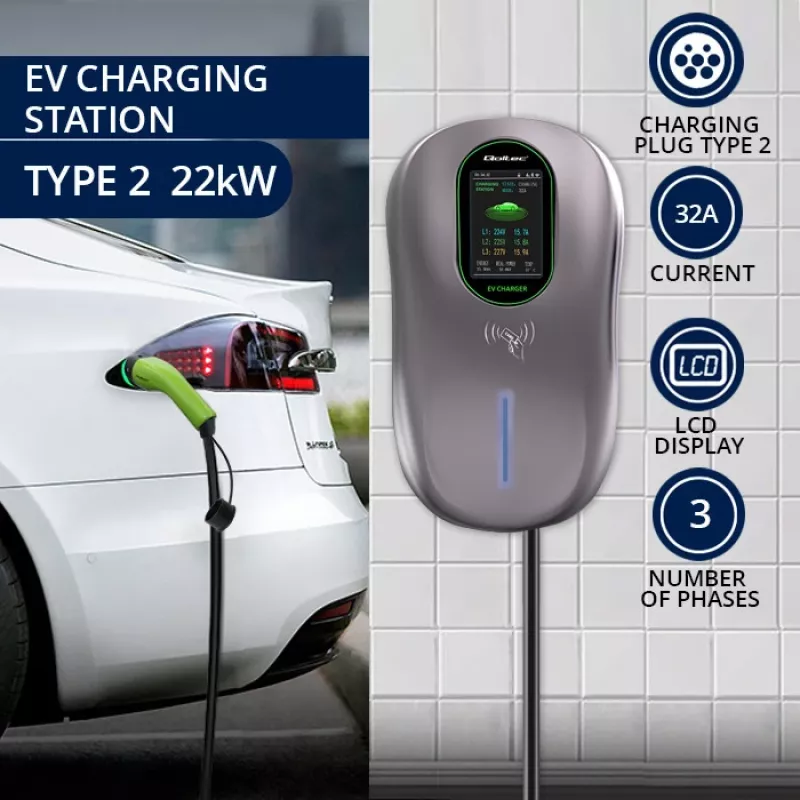 Stacja ładowania EV QOLTEC 52430 22 kW Wi‑Fi RFID 3‑fazowa, 32 A, Typ 2, IP54