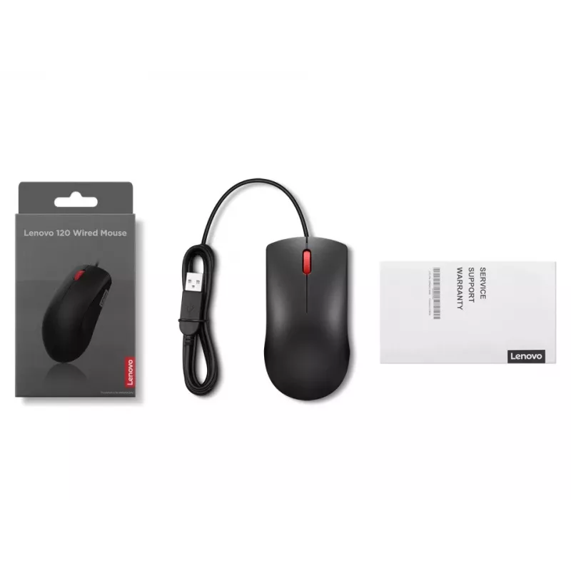 Przewodowa mysz USB-A Lenovo 120 — Czarna, symetryczna, 1600 DPI, 3 przyciski, kabel 1,5 m