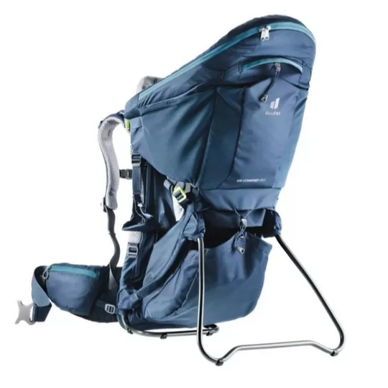 Nosidełko turystyczne Deuter Kid Comfort Pro, niebieskie, poliamid, maks. 22 kg, daszek przeciwsłoneczny, kieszeń boczna