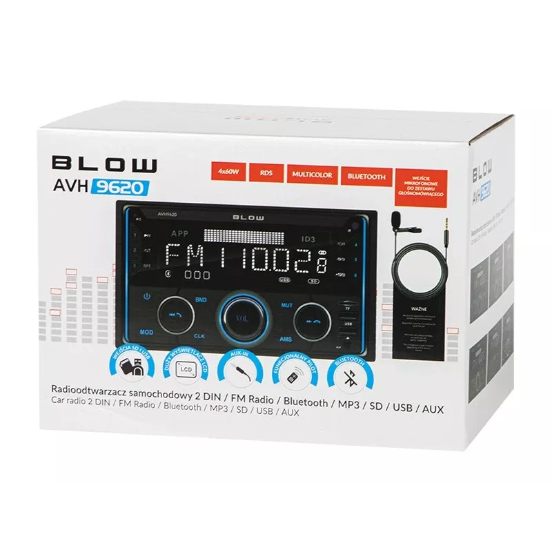Radio samochodowe 2DIN BLOW AVH-9620 podwójne DIN w desce rozdzielczej z Bluetooth 5.0, USB Type-A, wyświetlaczem 2,8 cala, 4×60W RMS