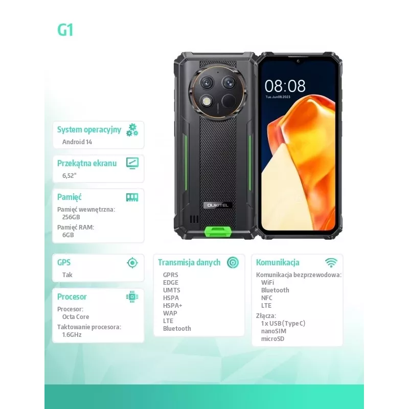 Oukitel G1 6.52 6/256GB 10600 mAh DS. Zielony