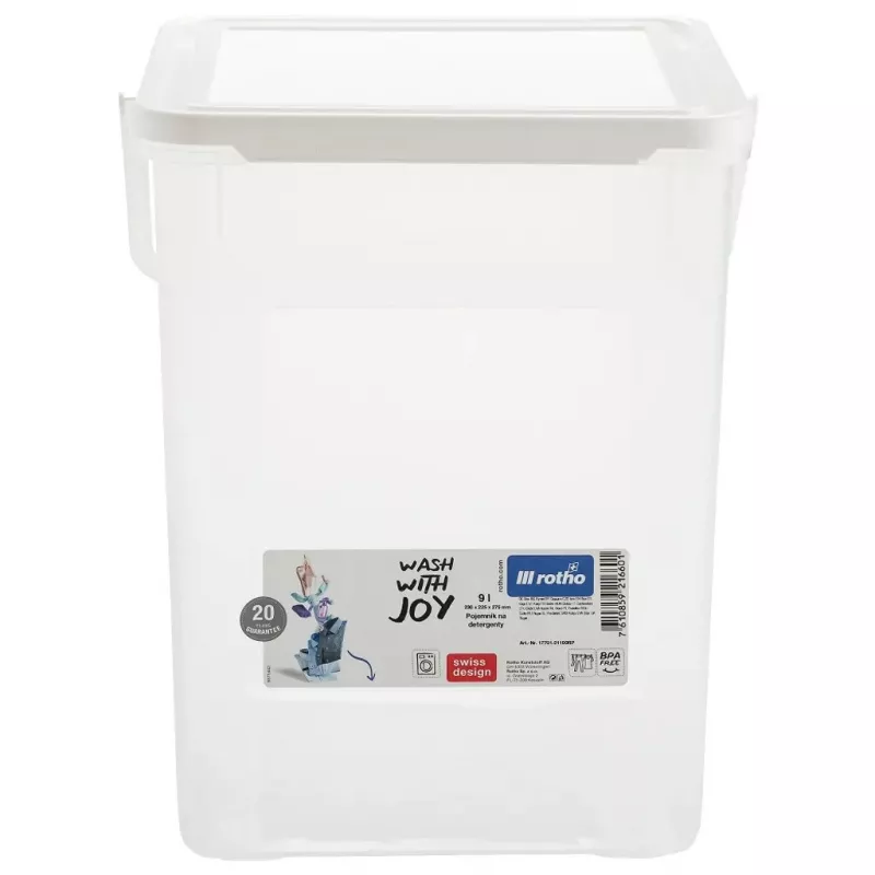 Plastikowy pojemnik na detergenty Rotho Basic 9 L model 1770101100RP, biały, pokrywka, otwór do zawieszania