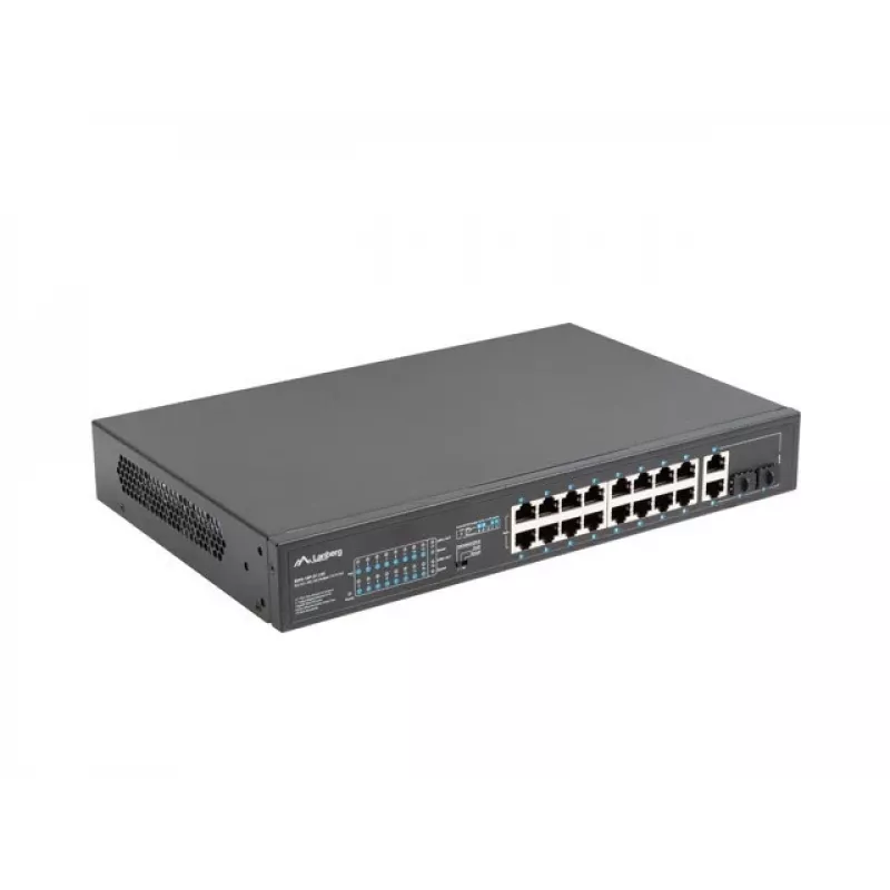 Niezarządzalny przełącznik LANBERG RSFE-16P-2C-250 — 18-portowy Gigabit, 16x PoE+ (30W), 2x SFP, 250W, 1U, metal, montaż w szafie