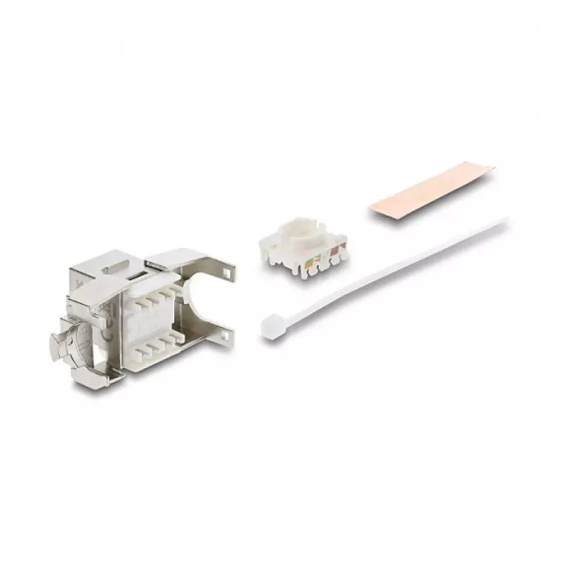 Moduł Keystone DELOCK RJ45 do LSA Kat.6A ekranowany beznarzędziowy, płaski, srebrny/biały, z osłoną przeciwpyłową