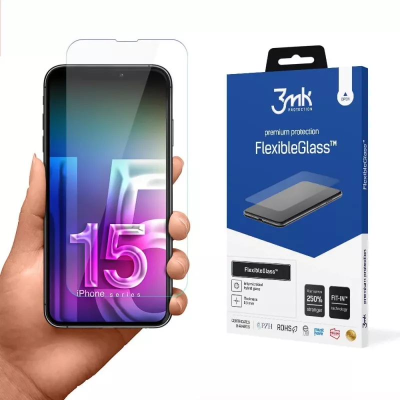 Hartowane elastyczne szkło ochronne 3MK FlexibleGlass Pro do Apple iPhone 15 — przezroczyste, odporne na zarysowania