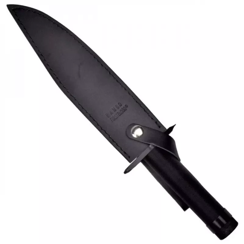 Nóż survivalowy ze stałą głownią, klasyk filmowy Rambo I CC-H1 — długość całkowita 360 mm, ząbkowana głownia stalowa 225 mm, czarna skórzana pochwa