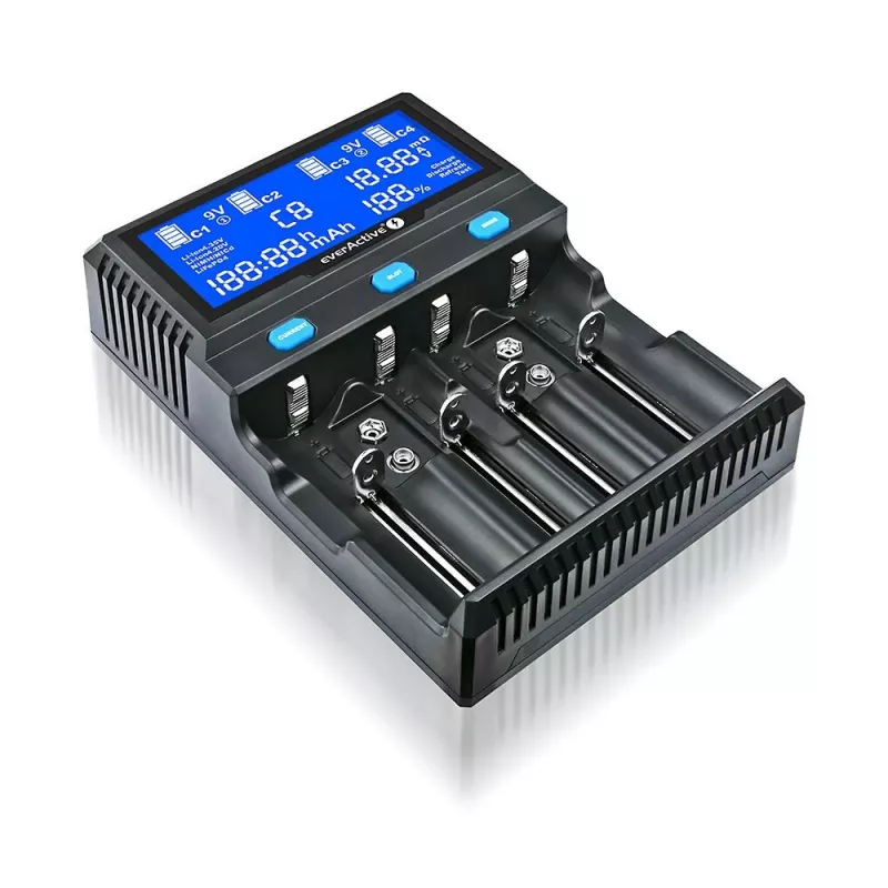 everActive UC-4200 Uniwersalna ładowarka sieciowa AC 12V 3A, obsługuje AA/AAA/C/9V, 4 ogniwa, czarna, wbudowany wyświetlacz