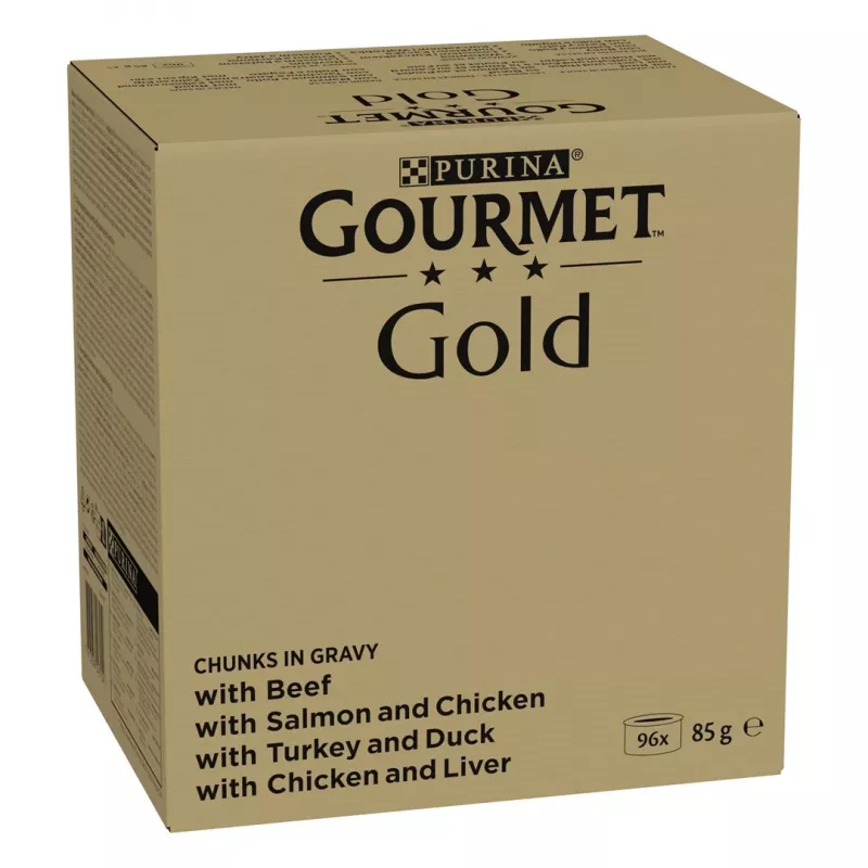 Wielopak mokrej karmy dla kotów Purina Nestlé GOURMET Gold Kawałki w sosie — 96 x 85 g, 8,16 kg, mieszanka 4 smaków