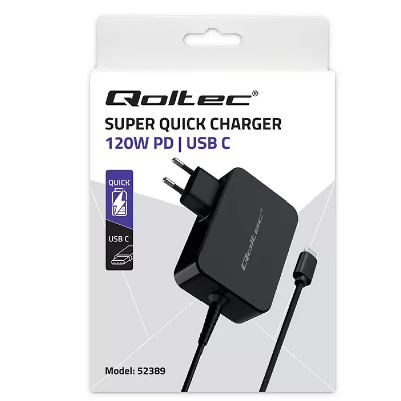 Qoltec PD 120W Turbo Fast Charger | 5-28V | 3-4.5A | USB-C | Czarny