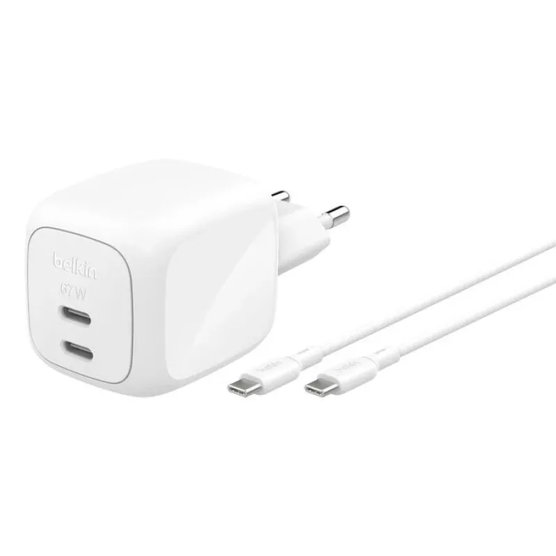 Wewnętrzna szybka ładowarka AC Belkin WCH020KQ2MWH-B6 — 2x USB‑C, 2 m zintegrowany kabel, biała