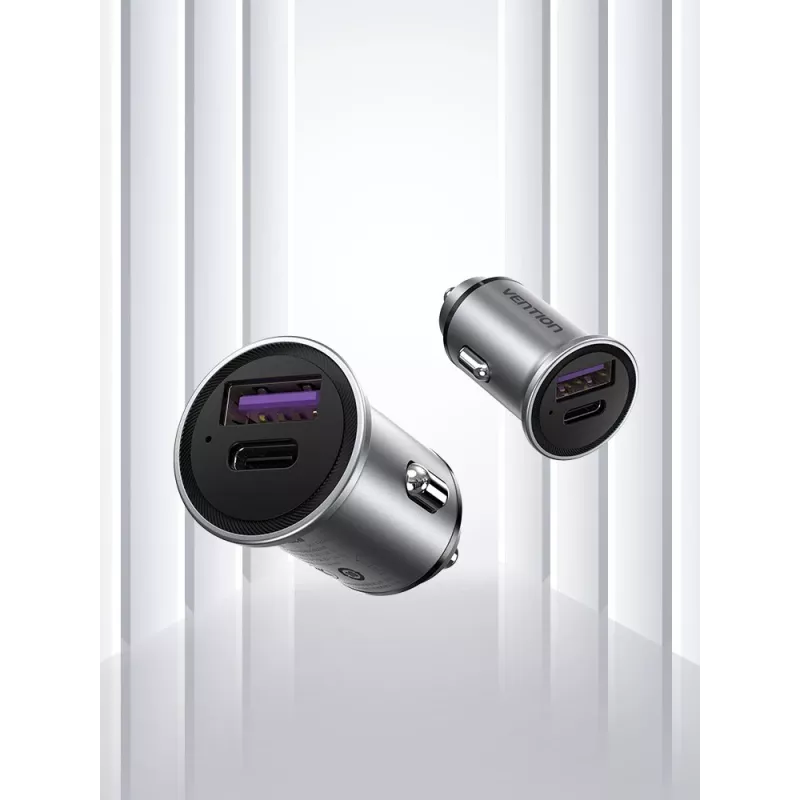 Ładowarka samochodowa Vention Two-Port USB A+A (30+30) Szary Mini Styl Aluminium