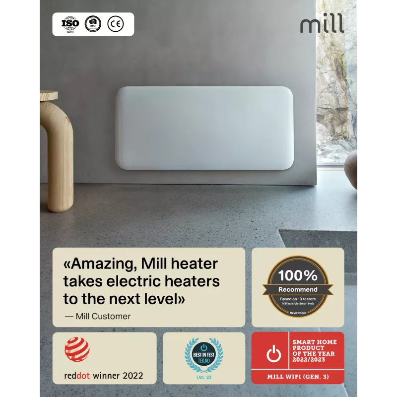 Mill WiFi Panel Heater | PA1500WIFI4A | Panel Heater | 1500 W | Odpowiedni do pomieszczeń do 22 m² | Biały | IPX4