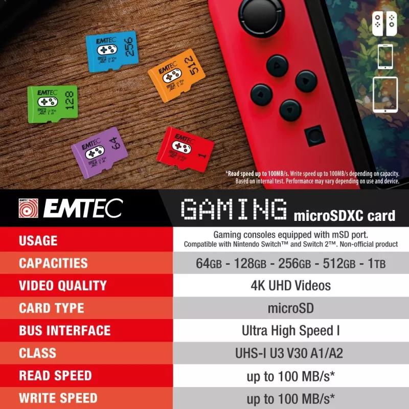 Emtec Flash Memory 1TB UHS-I U3 V30 A2 Gaming Rouge ECMSDM1TXCU3G