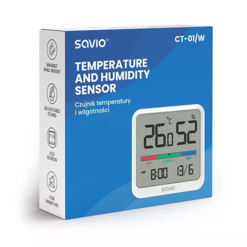 Wewnętrzny czujnik temperatury i wilgotności SAVIO CT-01/W, wyświetlacz LCD, -10–55°C, 10–99%RH, bateria CR2032