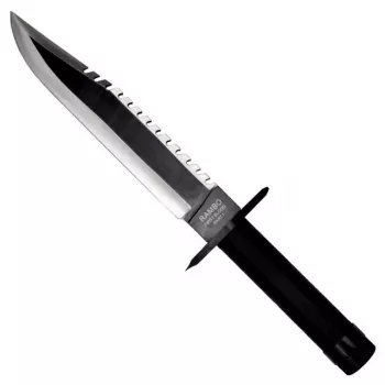 Nóż survivalowy ze stałą głownią, klasyk filmowy Rambo I CC-H1 — długość całkowita 360 mm, ząbkowana głownia stalowa 225 mm, czarna skórzana pochwa