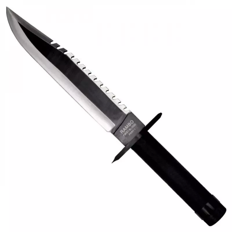 Nóż survivalowy ze stałą głownią, klasyk filmowy Rambo I CC-H1 — długość całkowita 360 mm, ząbkowana głownia stalowa 225 mm, czarna skórzana pochwa