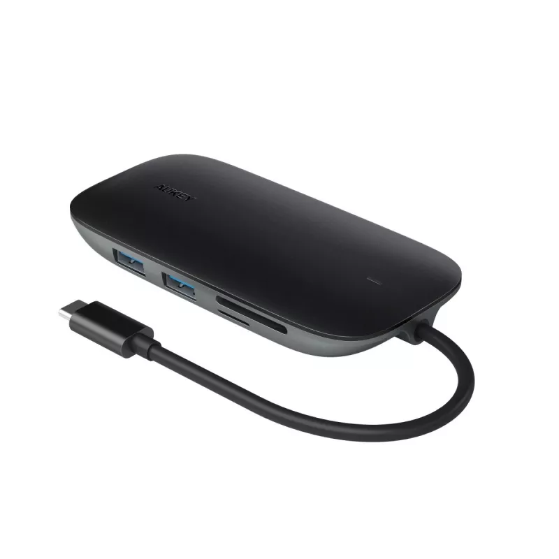 Stacja dokująca do laptopa AUKEY CB-C71 — 3x USB‑C (USB 3.2 Gen1), HDMI, RJ‑45, MicroSD, USB PD 100 W, kabel 0,15 m, czarna