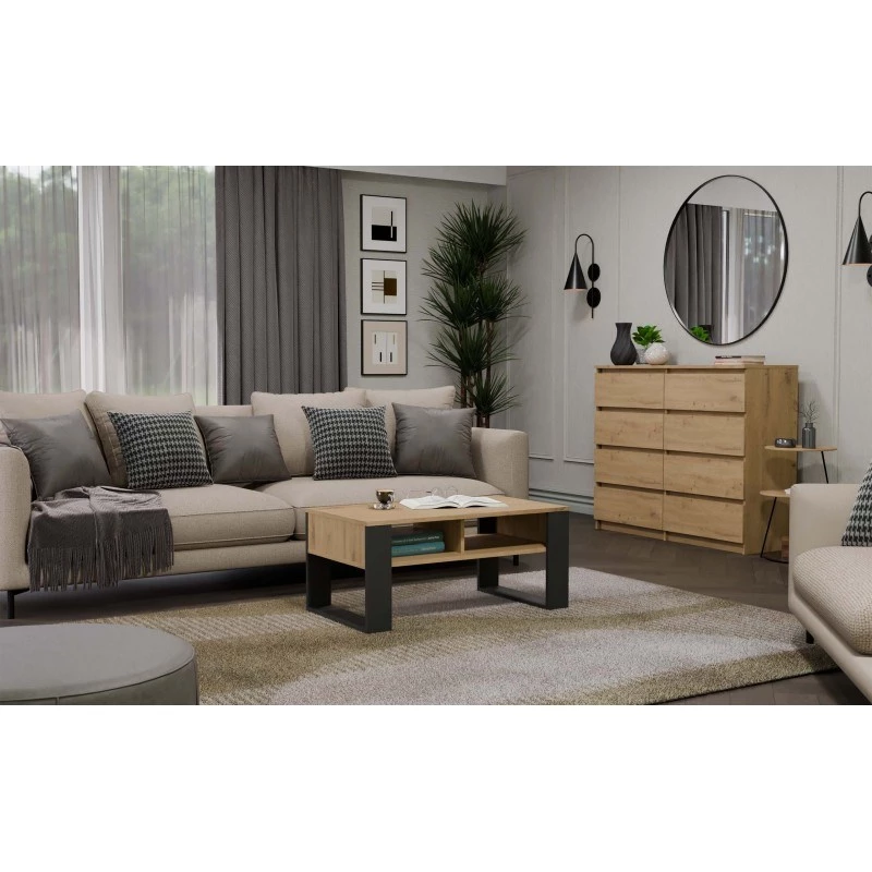 Stolik kawowy top e shop Modern 90×58×50 cm, antracytowa rama, matowe półki Artisan dąb