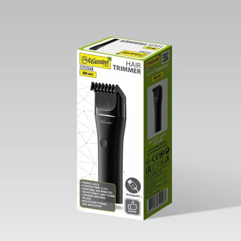 Bezprzewodowa maszynka do włosów Maestro MR-641, ceramiczne ostrze, ładowanie USB, 1200 mAh, 45×155×30 mm