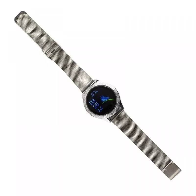Smartwatch ORO-MED ORO-SMART CRYSTAL srebrny — okrągła metalowa obudowa, LCD 240×198, wyświetlacz 1.04 cala, Bluetooth 4.0, wodoodporny, bateria 120 mAh