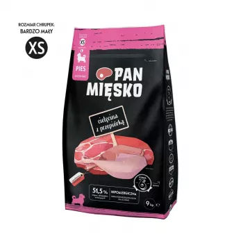 Sucha karma dla szczeniąt Pan Mięsko Wołowina z przepiórką XS 9 kg — Junior Small Breed, 30% białka, 20% tłuszczu