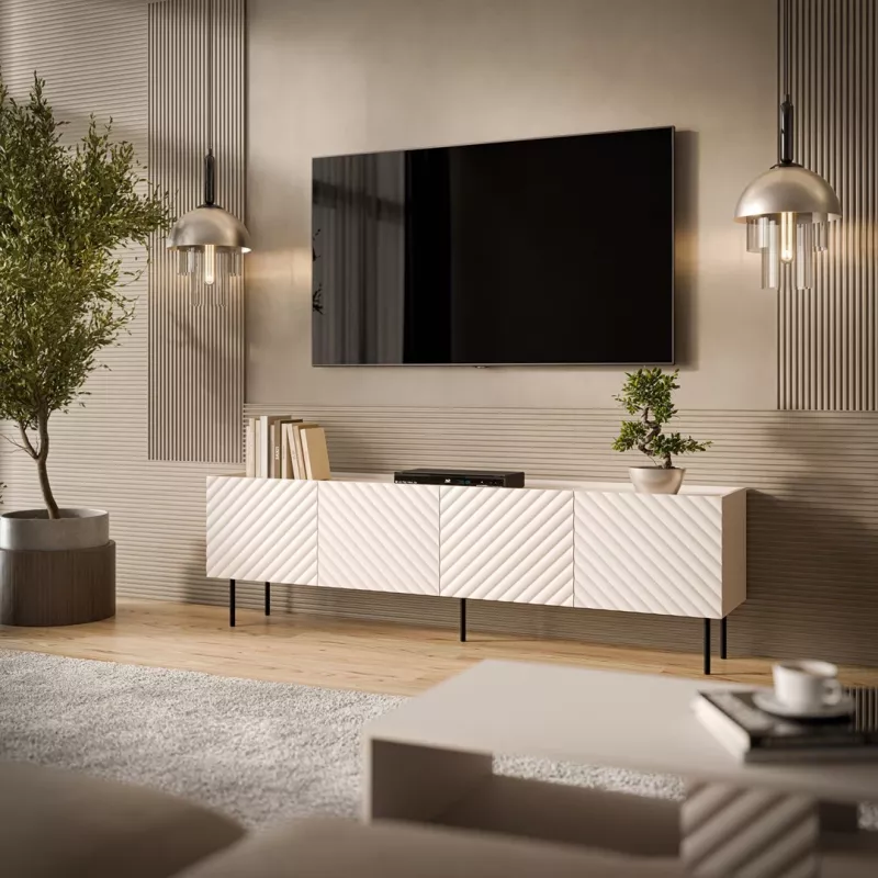 Szafka RTV Cama LUCCA 4D 200x40x59 cm, wykończenie cashmere, blat z szarej płyty wiórowej