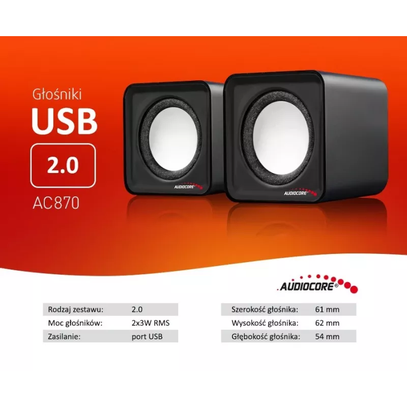 2-drożny głośnik PC Audiocore AC870 B — 3 W RMS, przewodowe zasilanie USB, wejście 3,5 mm, kanały 2.0