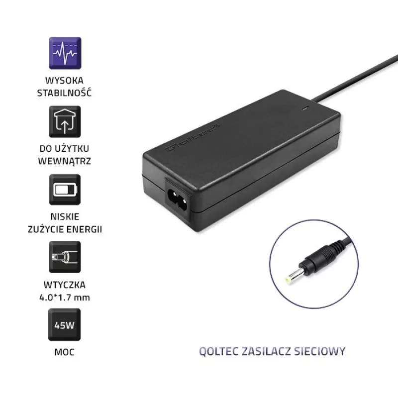 Qoltec 51509.45W Zasilacz do Lenovo | 45W | 20V | 2,25A | 4.0*1.7 | +przewód zasilający