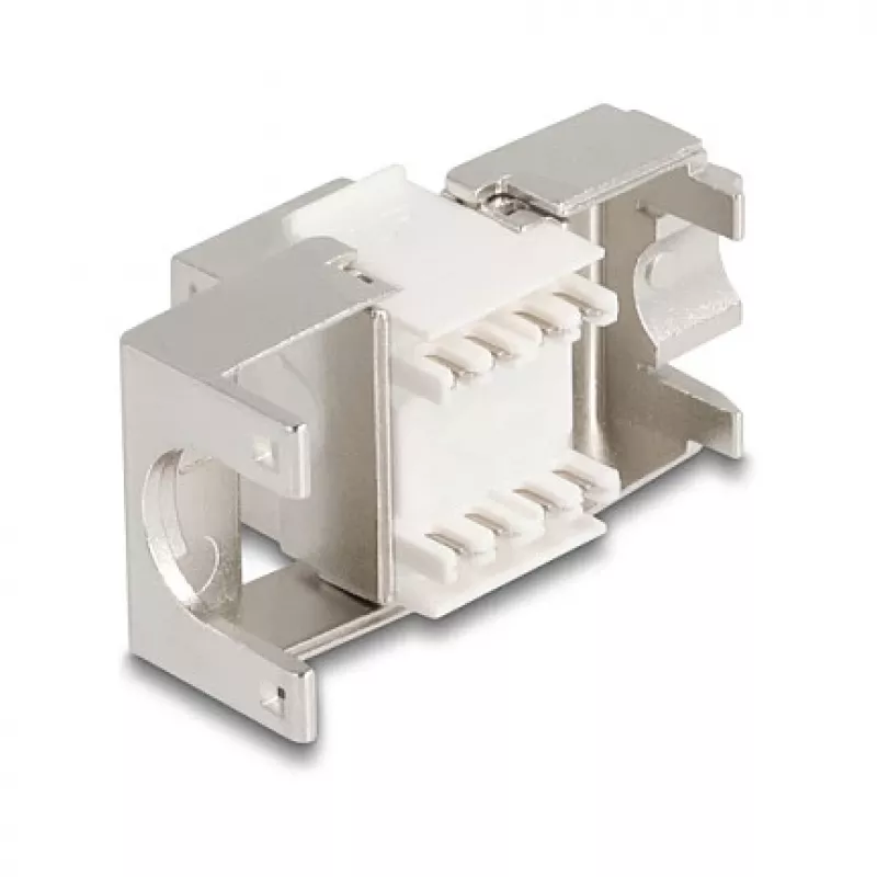 Moduł Keystone DELOCK 90723 — płaska wkładka RJ-45, srebrny/biały, 16×28,5×22,6 mm