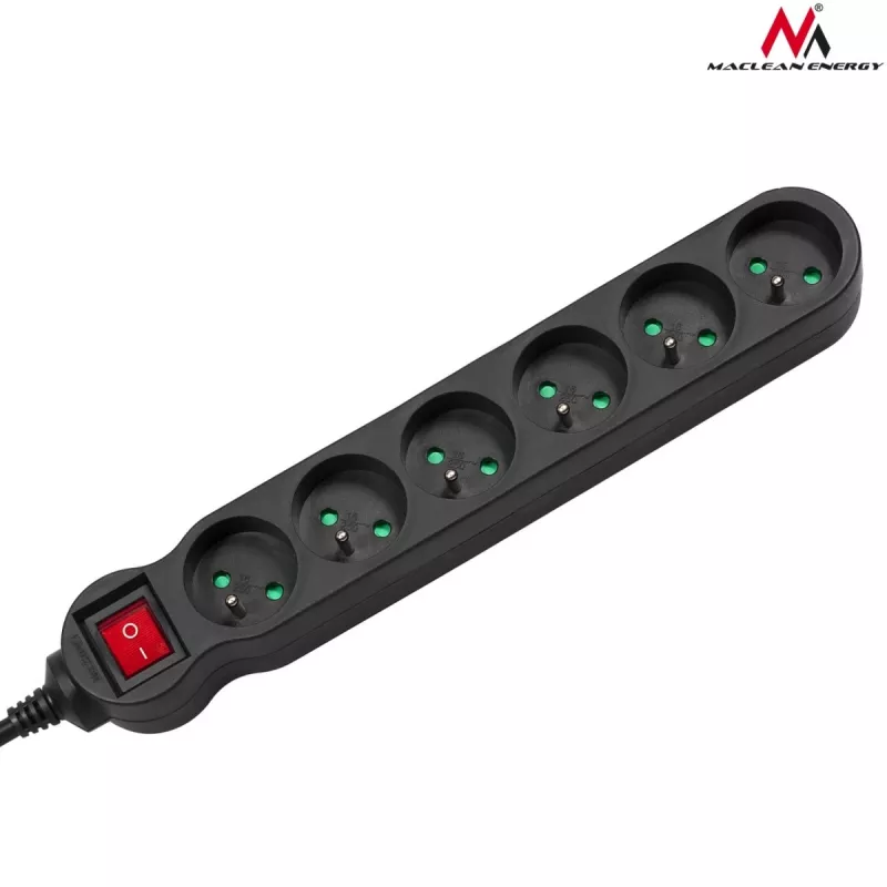 Listwa zasilająca MACLEAN MCE225 — kabel 1,5 m, 6 gniazd AC typu F, wewnętrzna, czarna