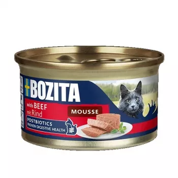 Mokra karma dla kota BOZITA Mousse Wołowina 85 g — pełnoporcjowa mousse wołowa dla dorosłych kotów, bezzbożowa, bezglutenowa i bezcukrowa