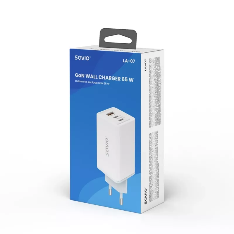 Ładowarka sieciowa SAVIO LA-07 GaN 65W, USB, QC4.0+, PD 3.0, Biała
