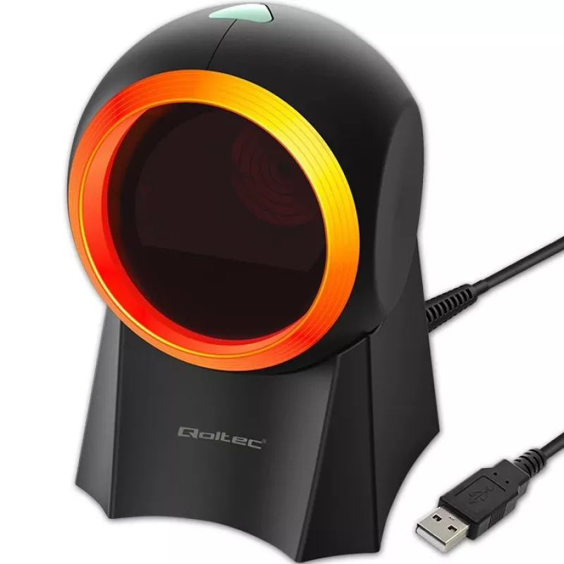 Przewodowy stacjonarny skaner kodów kreskowych QOLTEC 50857 — 1D/2D, USB, obudowa ABS, czarny, kabel 1,75 m