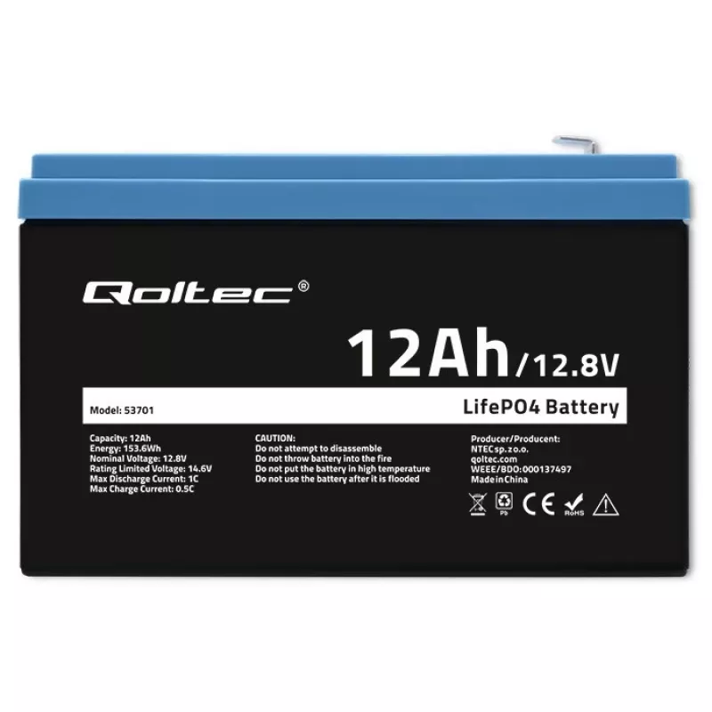 Qoltec LiFePO4 akumulator litowo-żelazowo-fosforanowy 12,8 V 12 Ah 153,6 Wh z BMS