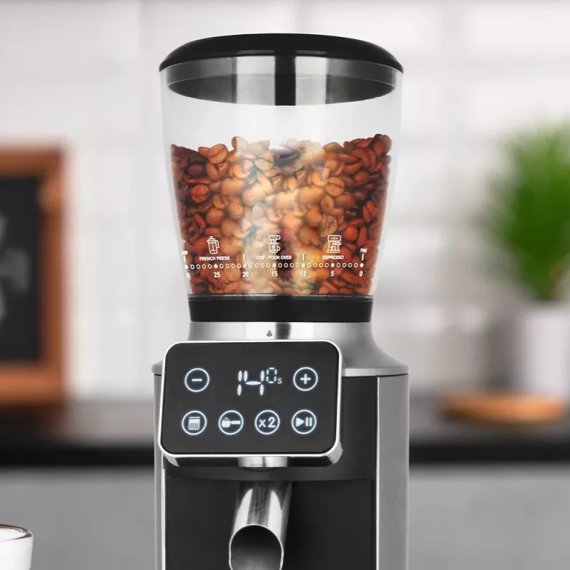 Młynek żarnowy do kawy GASTROBACK Design Pro Touch 30 — żarna stożkowe, zbiornik 300 g, 150 W, czarny/przezroczysty