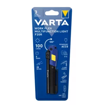 Ręczna lampa robocza Varta Work Flex Czarna LED, 100 lm, wbudowana bateria, 6 h, aluminium/nylon/PC/guma, 120 mm