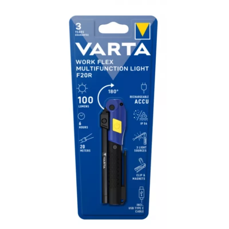 Ręczna lampa robocza Varta Work Flex Czarna LED, 100 lm, wbudowana bateria, 6 h, aluminium/nylon/PC/guma, 120 mm