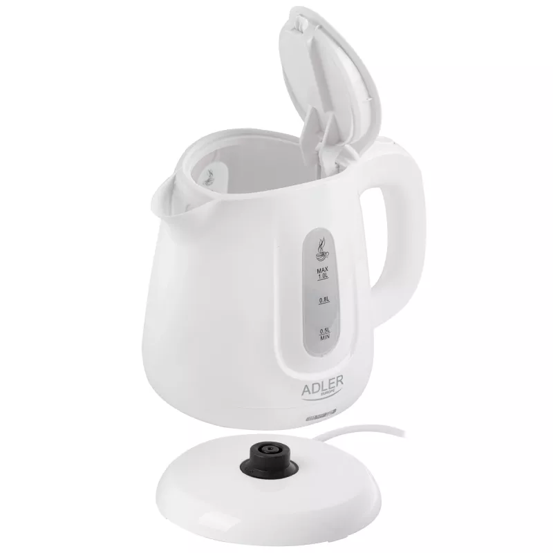 Czajnik elektryczny Adler AD 1373 — pojemność 1 l, 850 W, biały, podstawa 360°, polipropylen