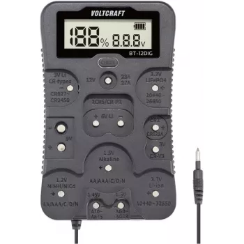VOLTCRAFT Tester baterii BT-12DIG Zakres pomiarowy (Tester baterii) 1,2 V, 1,5 V, 3 V, 3,7 V, 6 V, 9 V, 12 V Bateria, Akumulator VC-14340820 (VC-14340820)