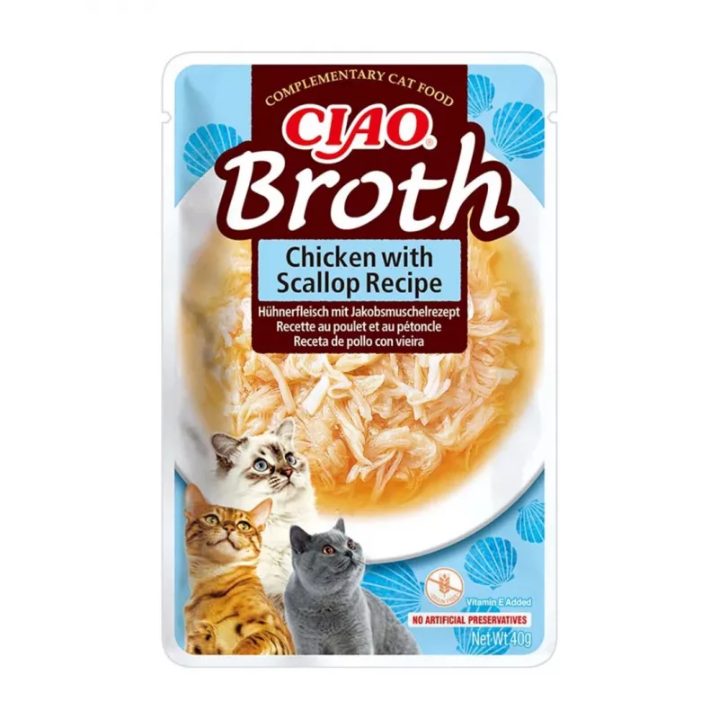 INABA Ciao Broth z kurczakiem, łososiem, tuńczykiem i przegrzebkiem - przysmaki dla kota - 24x40g