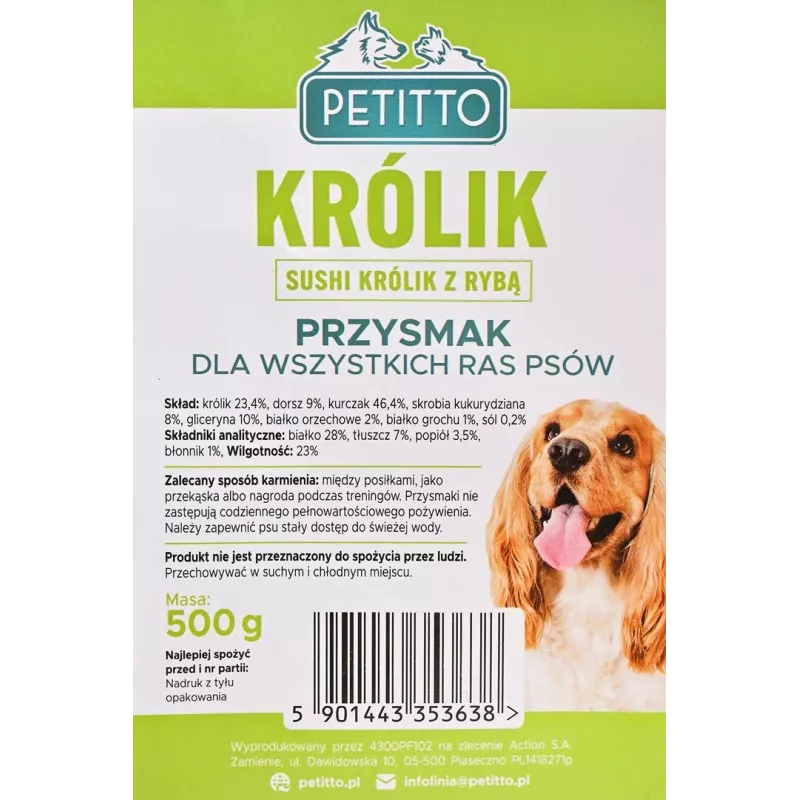 Przysmaki treningowe dla psów PETITTO Sushi królik z rybą 500 g, białko 28%, tłuszcz 7%, wilgotność 23%