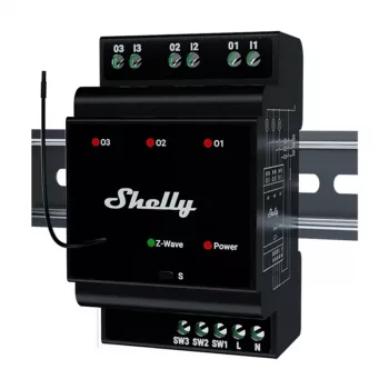 Przekaźnik inteligentny na szynę DIN Shelly WavePro3 3-kanałowy Z-Wave, 110–240 V, 25 A na kanał, AES-128, montaż na szynie DIN