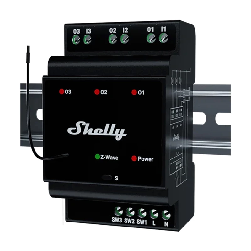 Przekaźnik inteligentny na szynę DIN Shelly WavePro3 3-kanałowy Z-Wave, 110–240 V, 25 A na kanał, AES-128, montaż na szynie DIN