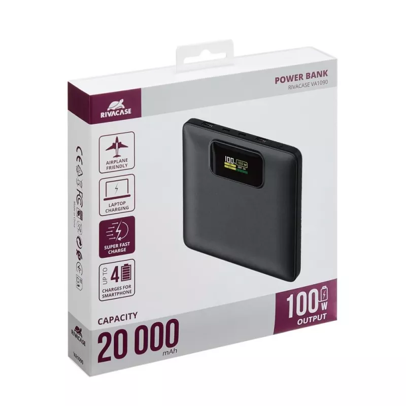 Power bank Rivacase VA1090 — 20000 mAh, 77 Wh, całkowita moc wyjściowa 100 W, 440 g