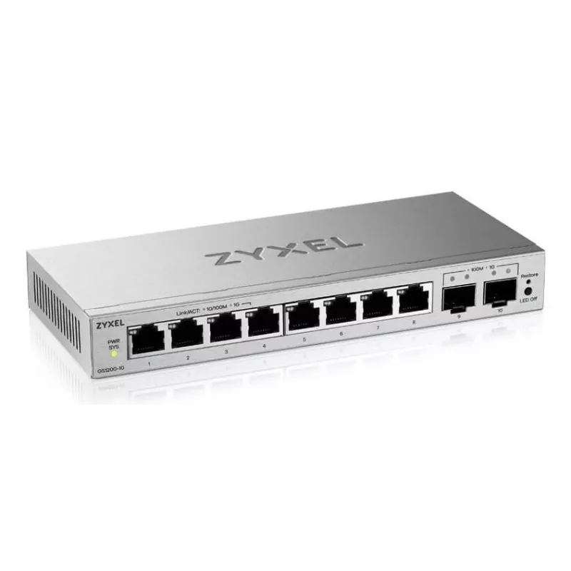 Przełącznik zarządzalny L2 Zyxel GS1200-10v3 — 8x Gigabit (10/100/1000), 20 Gb/s, MAC 4000, biurkowy, szary