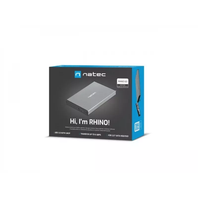 Obudowa zewnętrzna HDD/SSD NATEC Rhino GO — 2,5 cala SATA, 9,5 mm, USB 3.0, aluminium, szary, do 4 TB