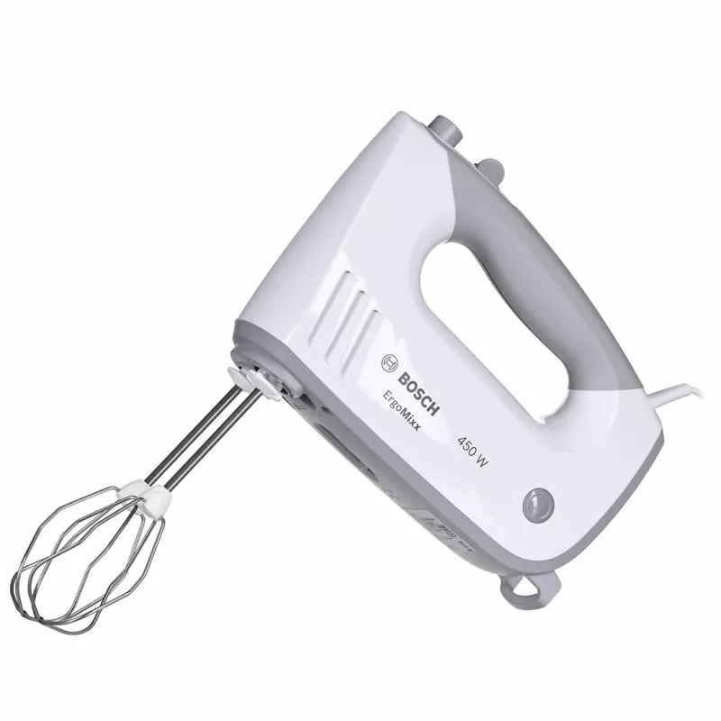 Mikser ręczny Bosch MFQ36480 – 450 W, 5 prędkości z turbo, szaro-biały, trzepaczki i haki do ciasta