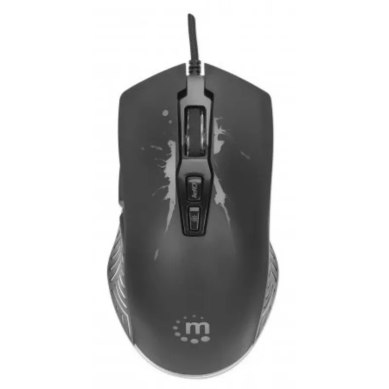 Mysz gamingowa Manhattan z diodami LED, przewodowa, siedem przycisków, kółko przewijania, 7200 dpi, czarna z podświetleniem LED, trzyletnia gwarancja