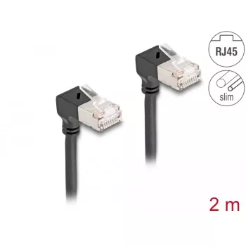 DeLOCK Kabel sieciowy RJ45 kat.6A S/FTP cienki 90° w dół 2 m czarny