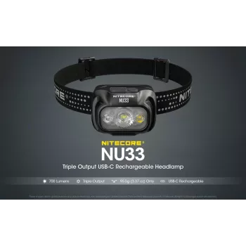 Latarka czołowa Nitecore NU33, czarna, 3 diody LED, 700 lm, aluminium, ładowanie przez USB, IP66